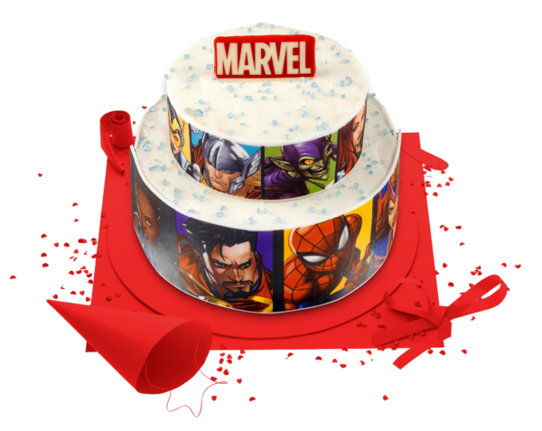 [Visuel du gâteau Marvel avec un visuel de tous les héros Marvel]