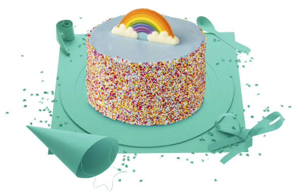 [Visuel du gâteau Arc-En-Ciel, gâteau bleu entouré de vermicelles multicolores]